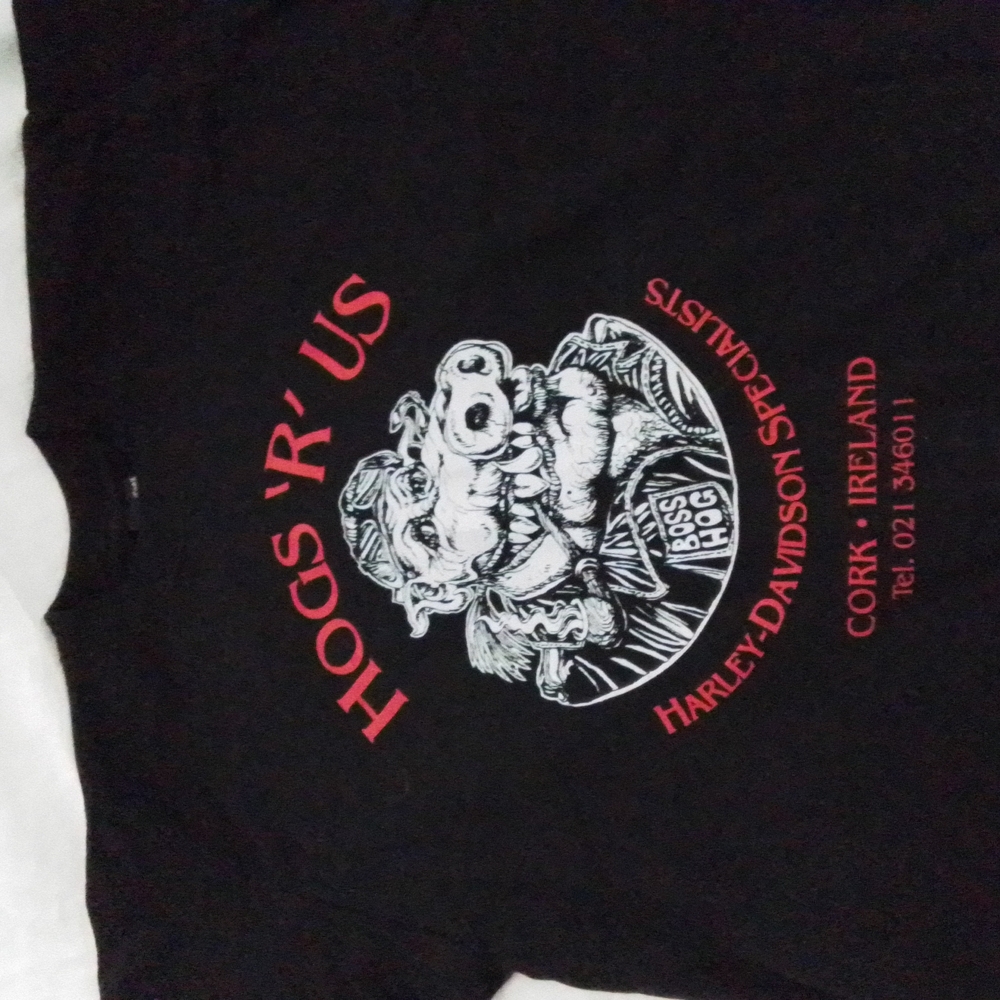 Mens black T-shirt, Hogs "R" Us Harley Davidson Specialists Cork, Ireland